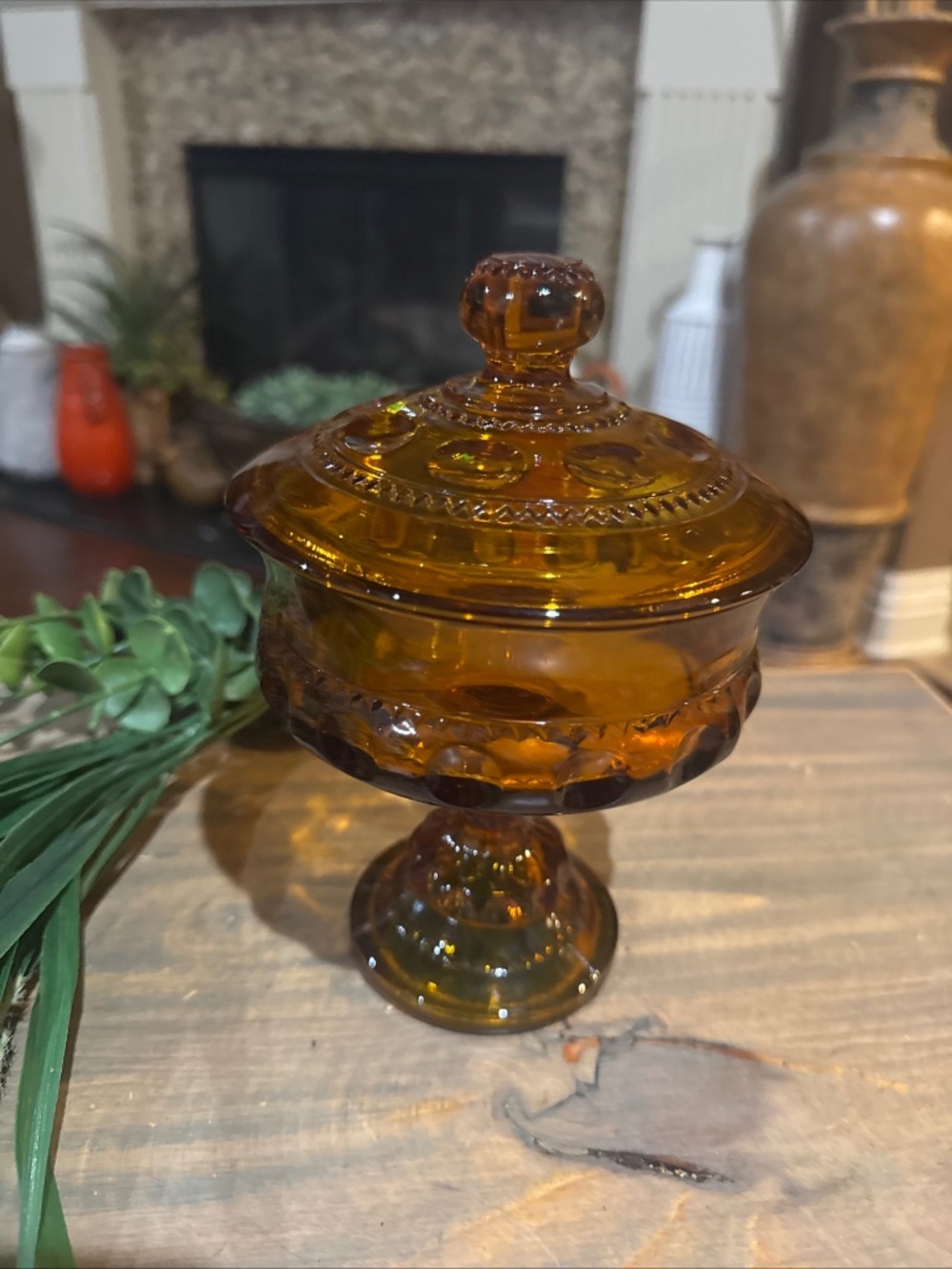 Vintage Indiana Glass Amber Kings Crown Thumbprint Pedestal Candy Dish w/Lid- 7”